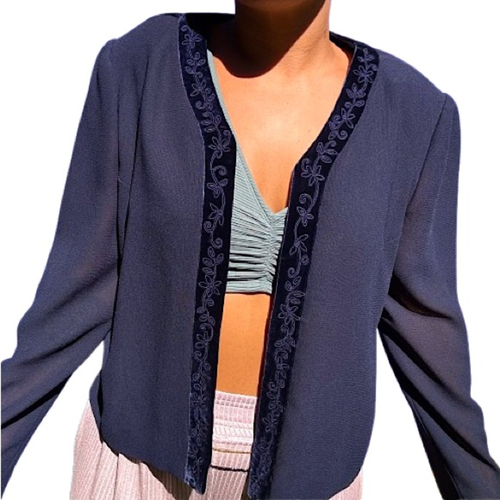 {cynthia howie} VTG Open-Front Sheer Blazer — Size 10, Navy Blue